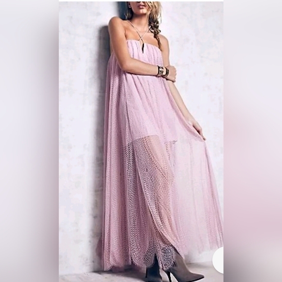 Free People Utopia Maxi Dress 6 Lace Ovelaid Fairycore Lined Pink Coquette